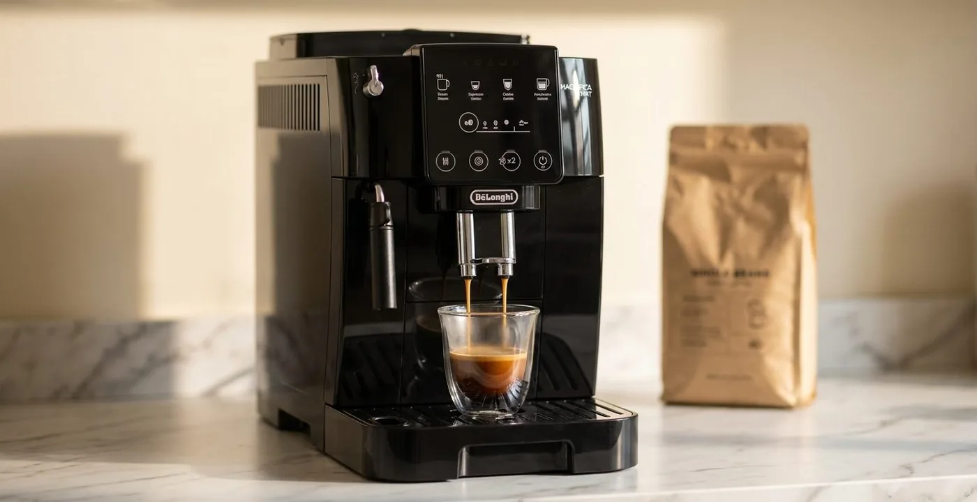 De'Longhi Magnifica Start bean-to-cup coffee machine on a kitchen counter