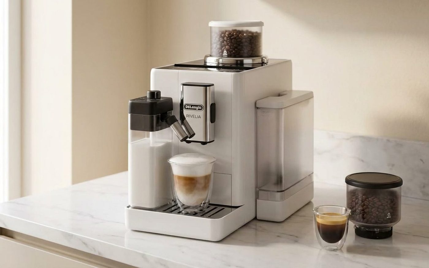 De’Longhi Rivelia showing its narrow 24.5cm profile on a kitchen worktop