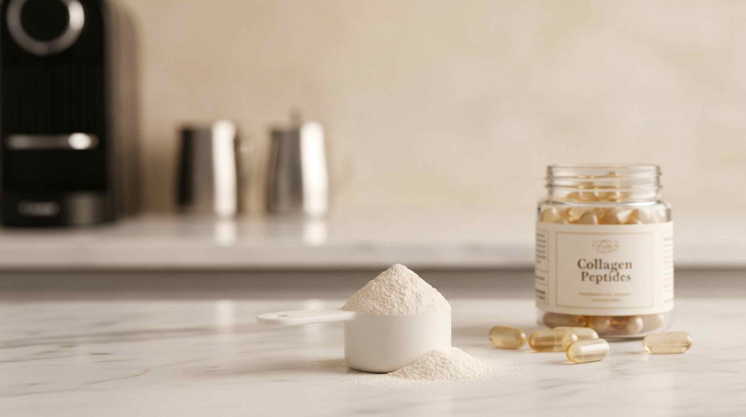 Hydrolysed collagen peptide powder measured into a scoop on a white surface with supplement capsules in the background