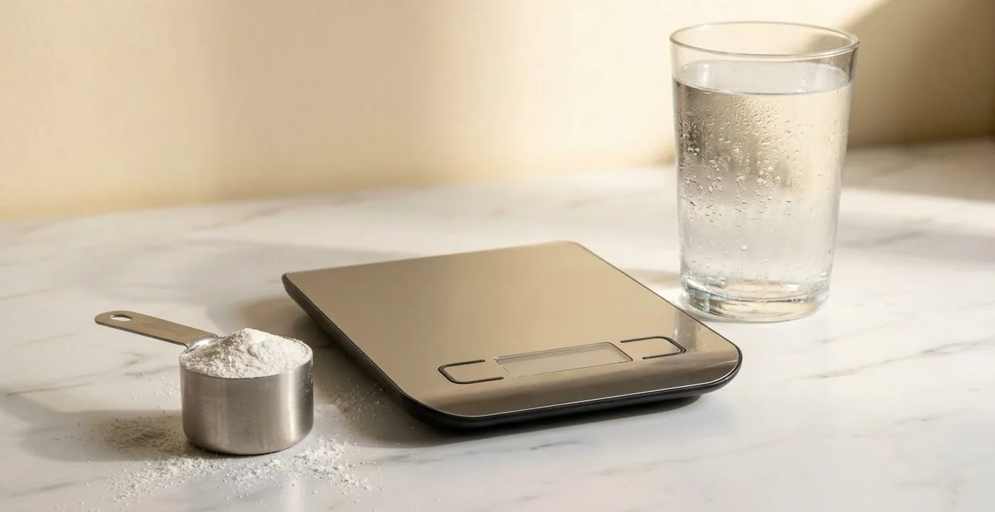 A scoop of creatine monohydrate powder beside digital kitchen scales and a glass of water
