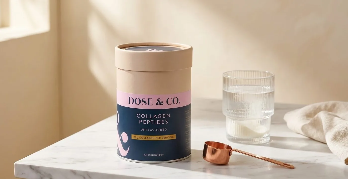Dose and Co Pure Collagen powder tub on a kitchen counter