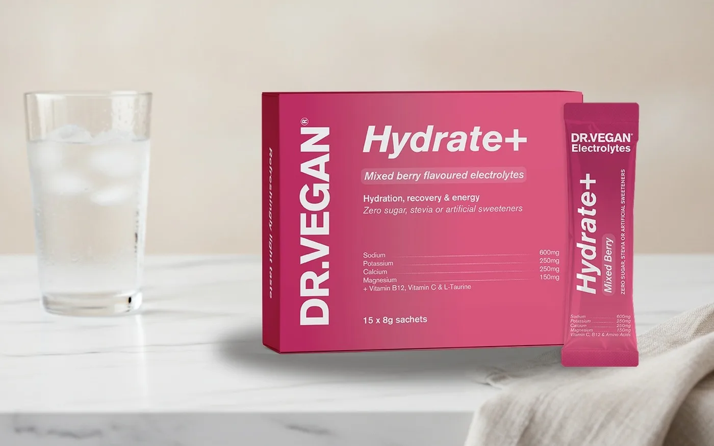 DR.VEGAN Hydrate+ electrolyte sachets, all three flavours