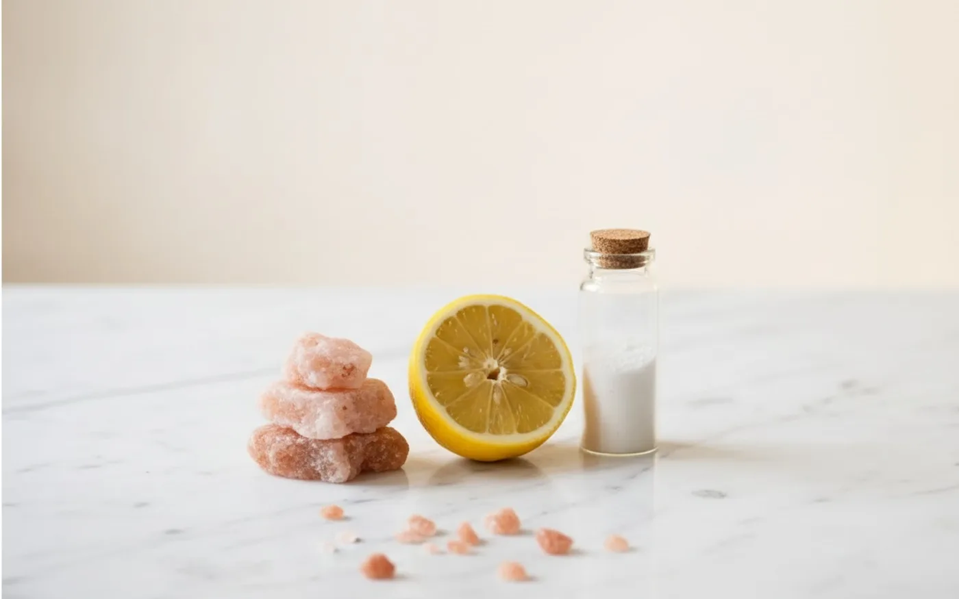 Pink Himalayan salt crystals, lemon and mineral powder on marble