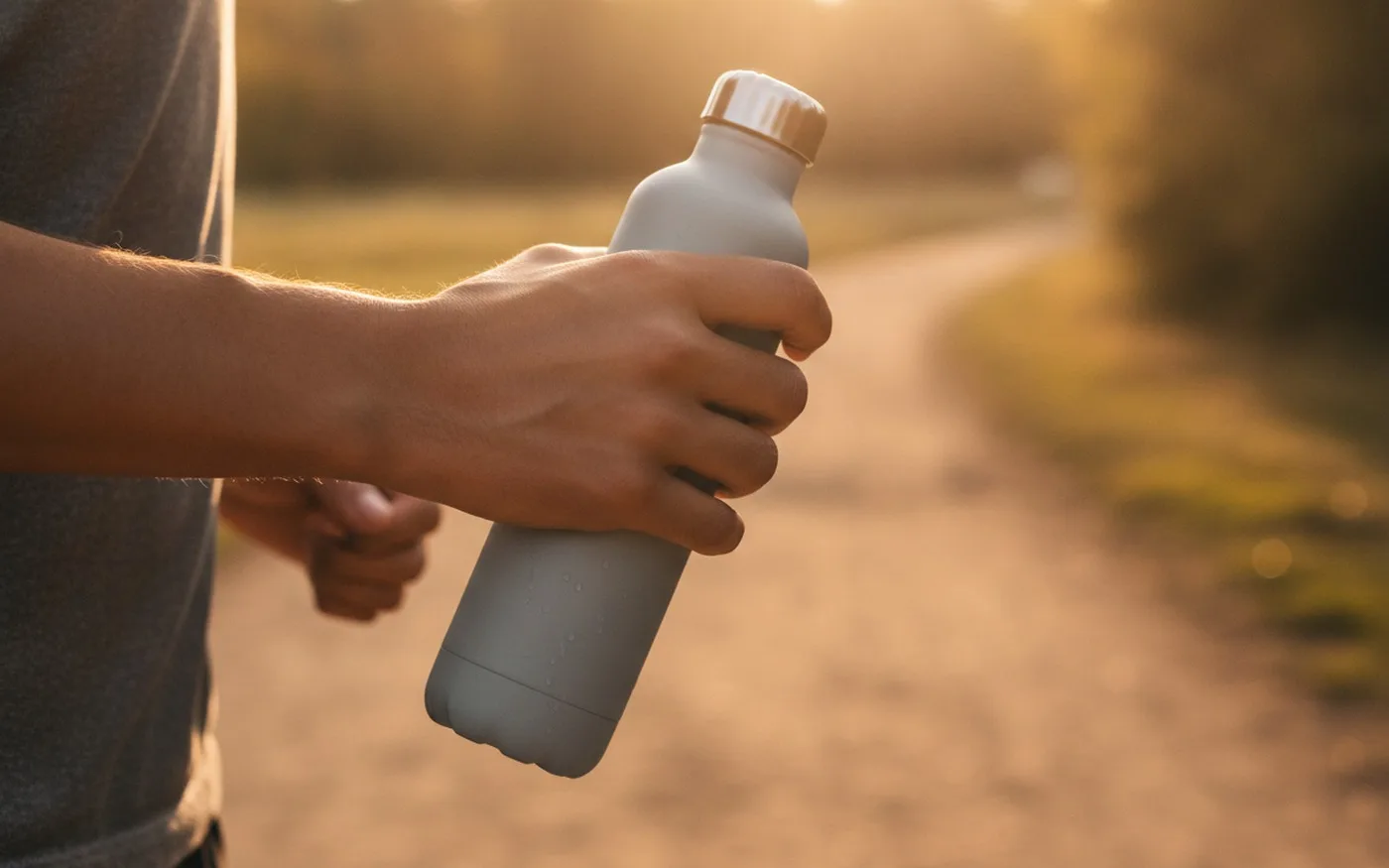 Hand gripping a water bottle on a running trail at golden hour