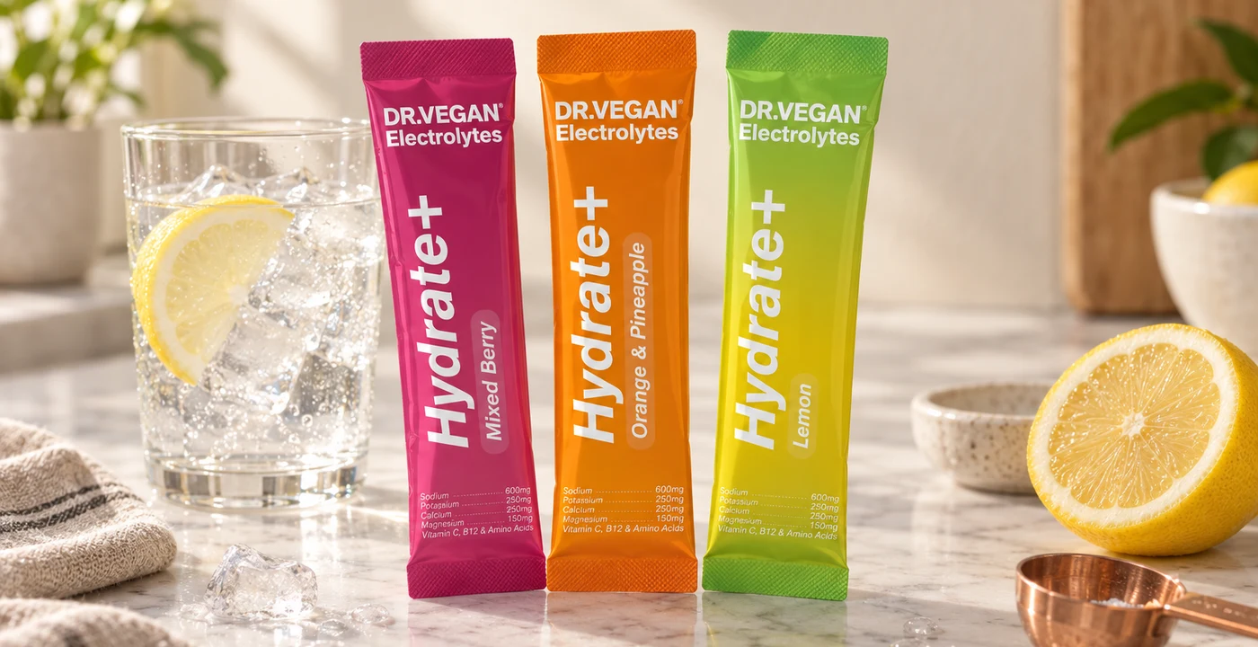 DR.VEGAN Hydrate+ electrolyte sachets in Mixed Berry, Orange & Pineapple and Lemon flavours beside a glass of iced water