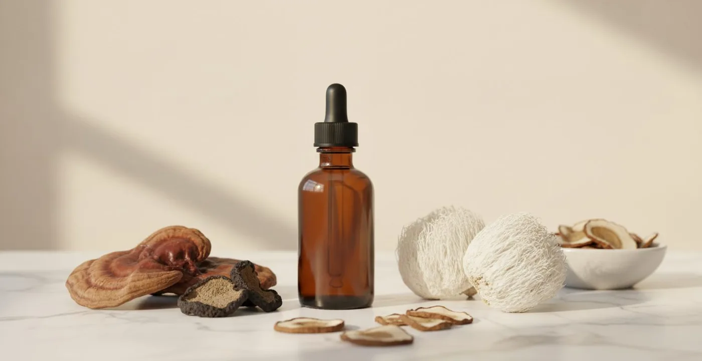 Dual extraction mushroom tinctures lined up on a wooden surface