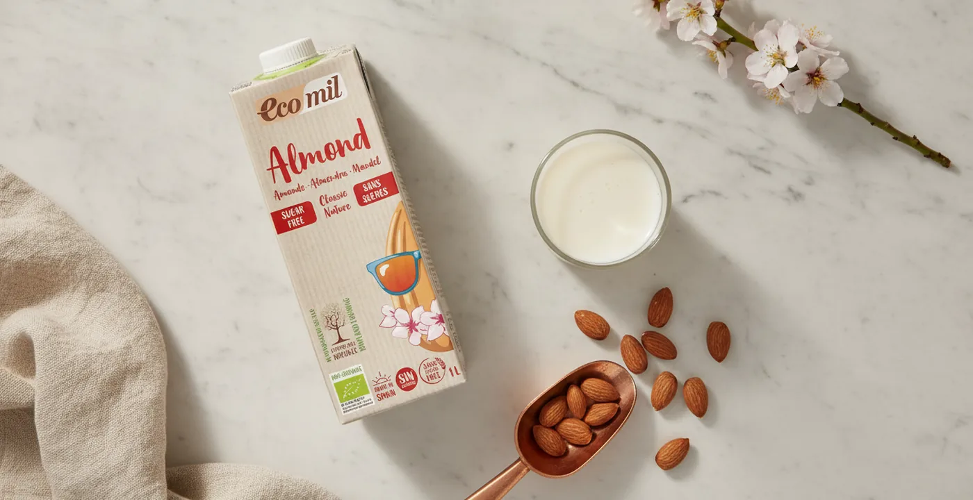 Ecomil organic almond milk carton on a kitchen surface