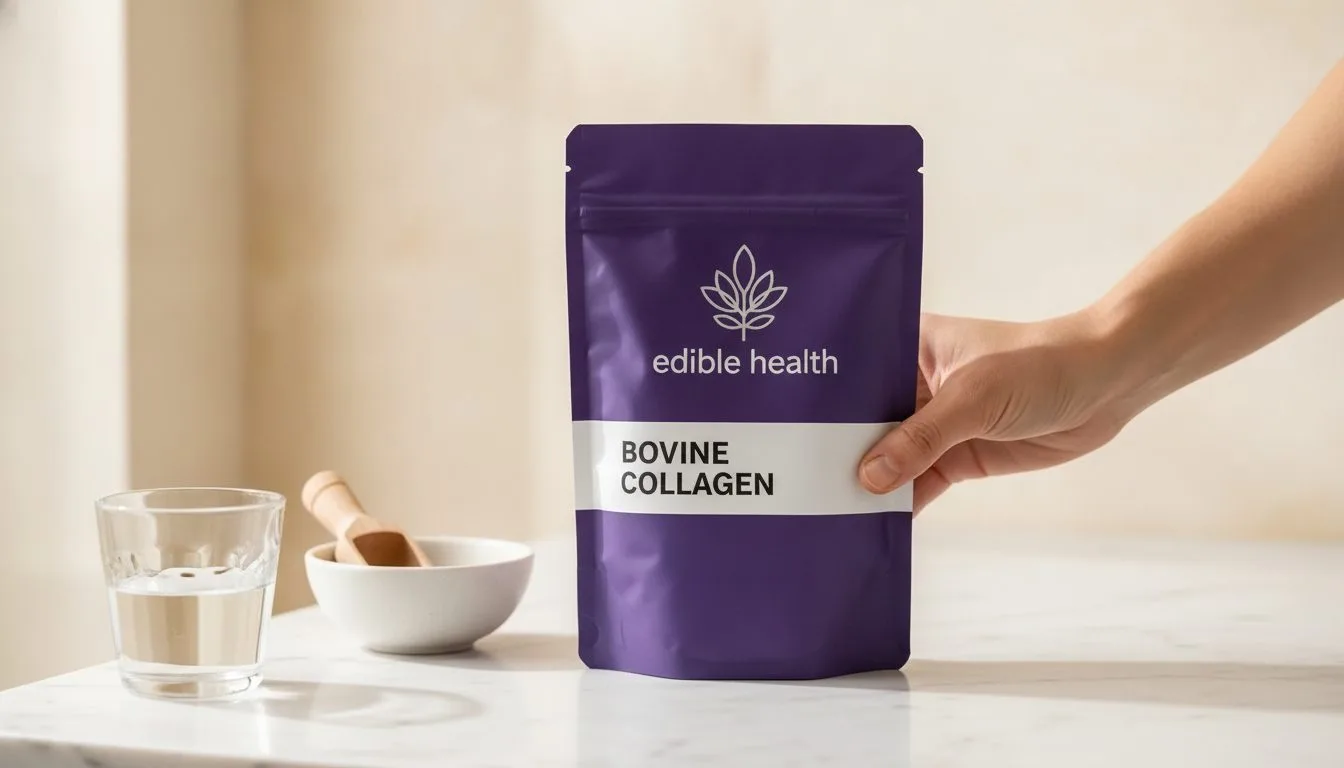 Edible Health hydrolysed bovine collagen powder 1kg pouch on a white surface