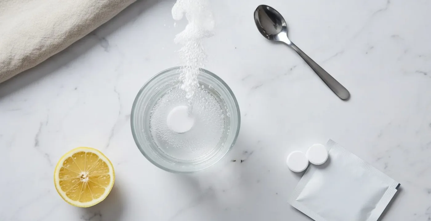 Electrolyte drink ingredients laid out on a white marble surface — sodium chloride, potassium, magnesium and a glass of water