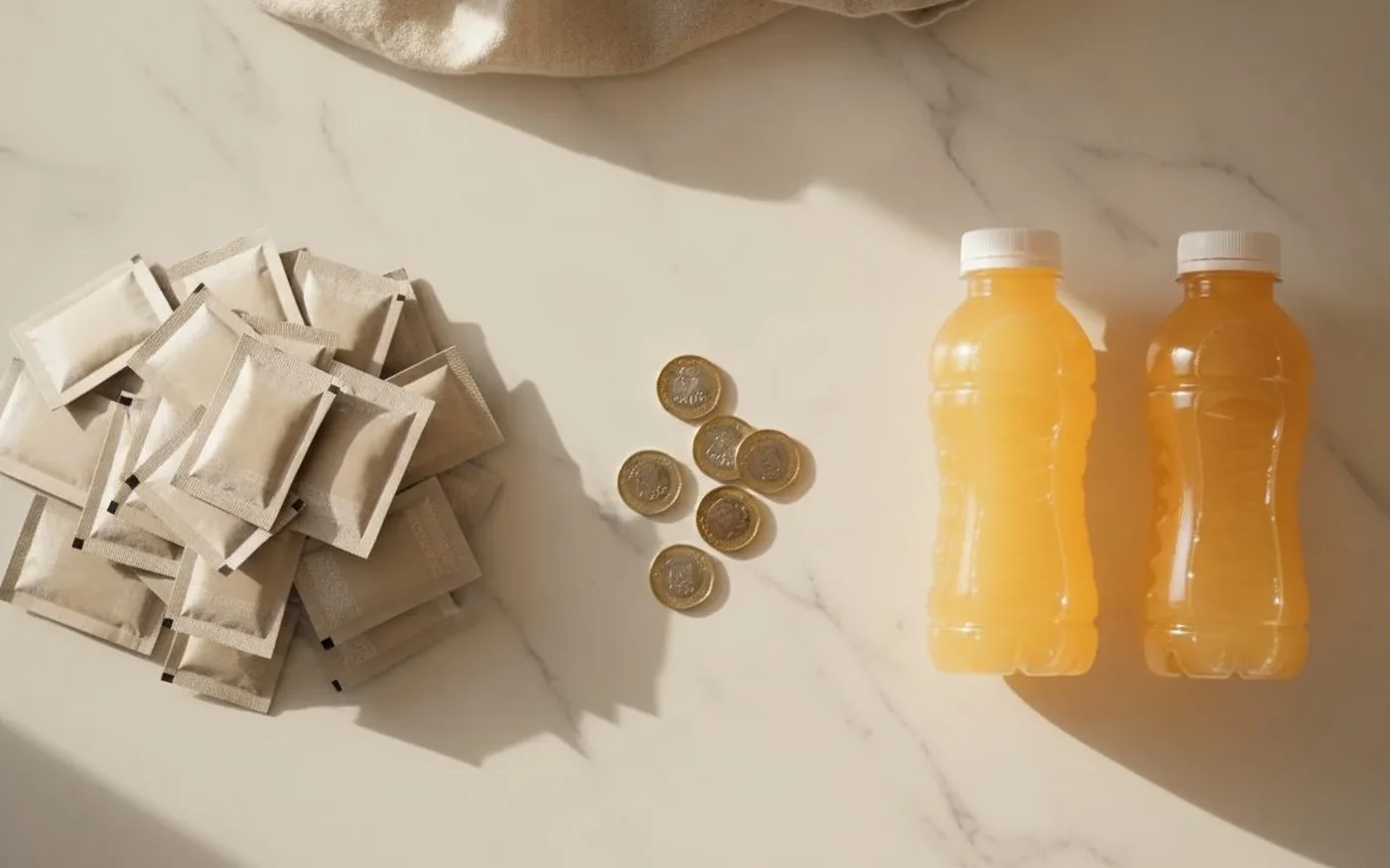 Electrolyte sachets and sports drink bottles with coins showing cost comparison on white marble
