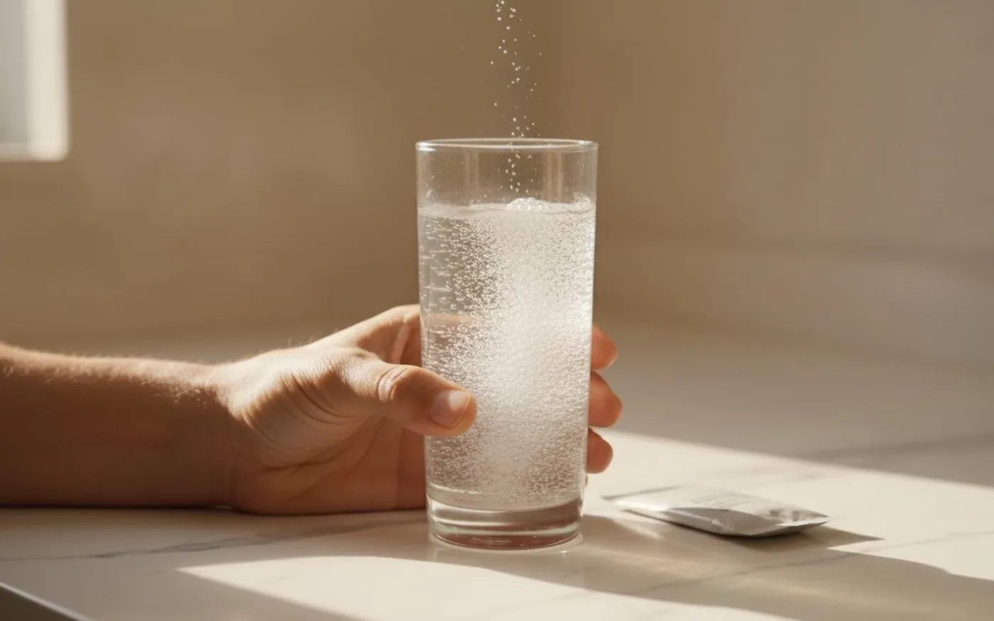 Hand holding a glass of fizzing electrolyte water with sachet packet beside it