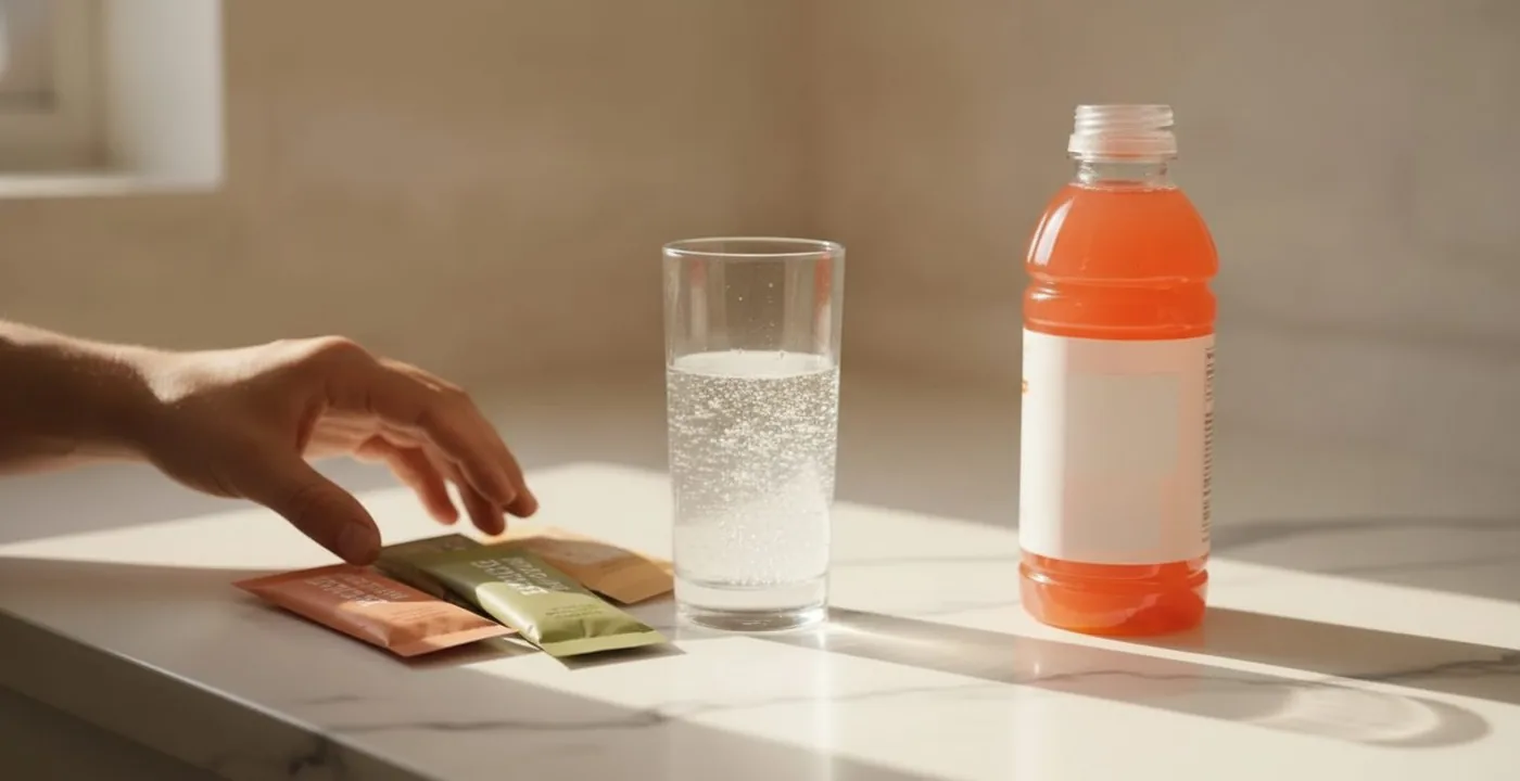 Glass of electrolyte drink next to a sports drink bottle on a gym surface