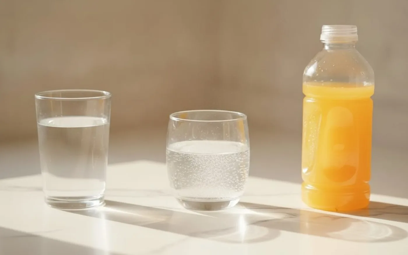 Three glasses showing water, fizzing electrolyte water and an orange sports drink side by side