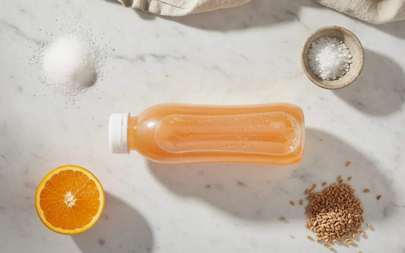 Overhead flatlay of sports drink bottle surrounded by sugar, salt and carbohydrate ingredients on marble