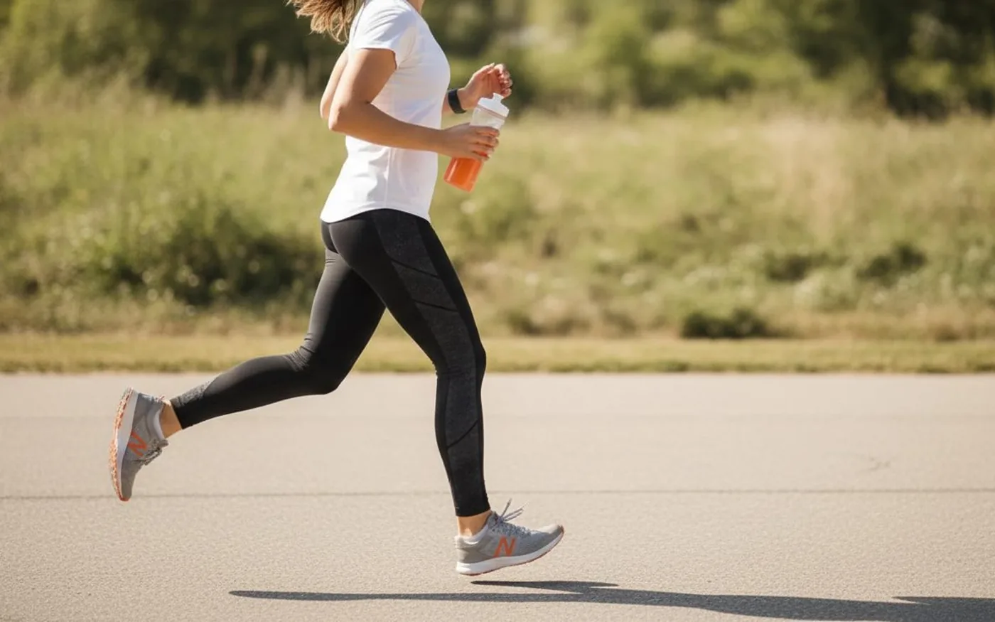 Runner holding a sports drink bottle during outdoor endurance training