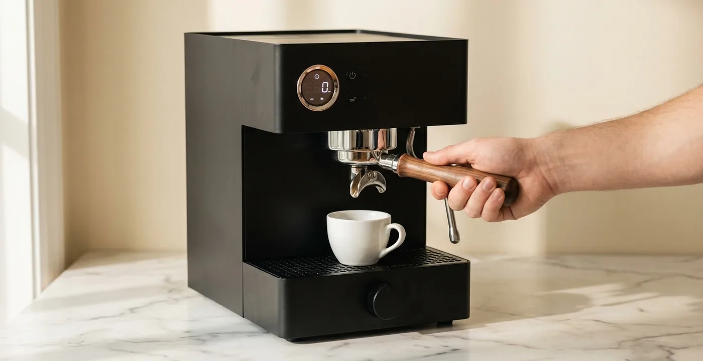 Fellow Series 1 espresso machine with digital pressure display on kitchen counter