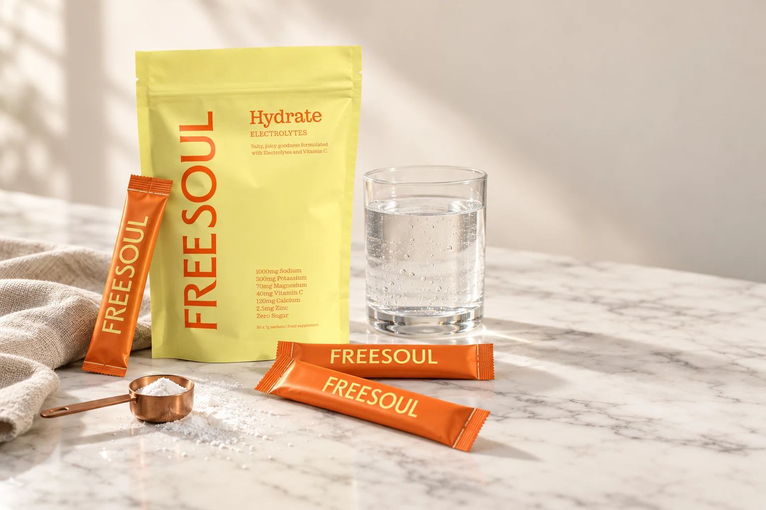 Free Soul Hydrate electrolyte sachets and box packaging