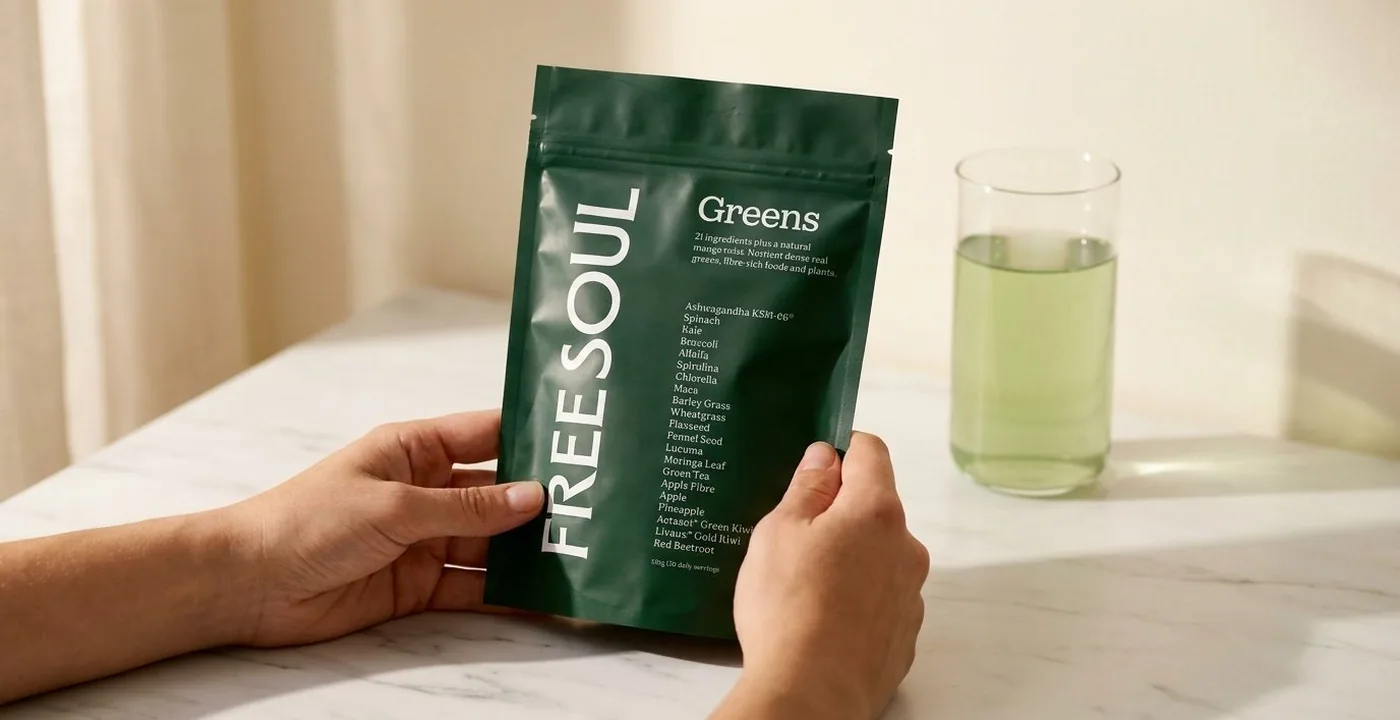 Free Soul Greens mango flavour powder pouch on a white marble surface