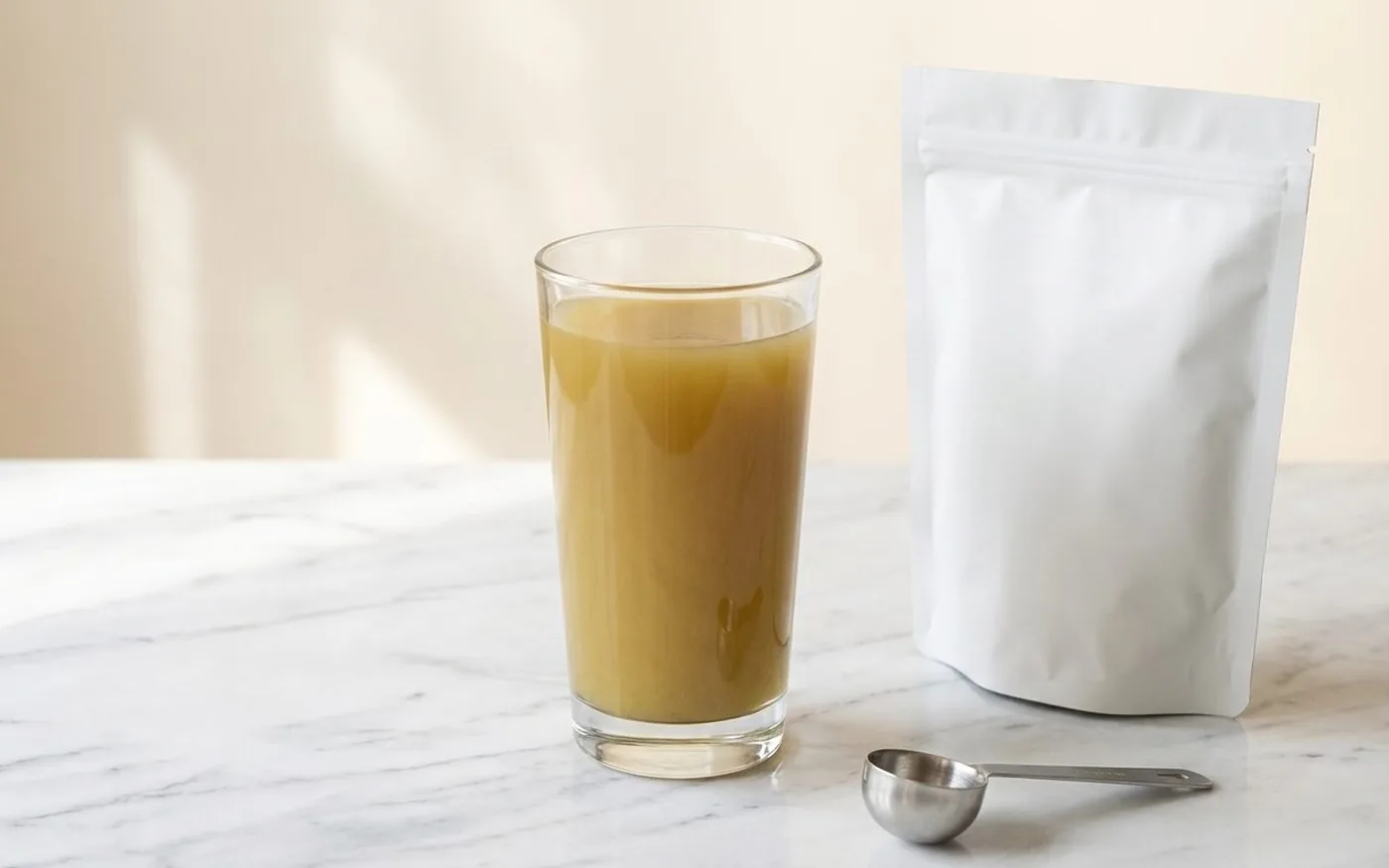 Free Soul Greens mango drink prepared in a glass with supplement pouch on a white marble counter