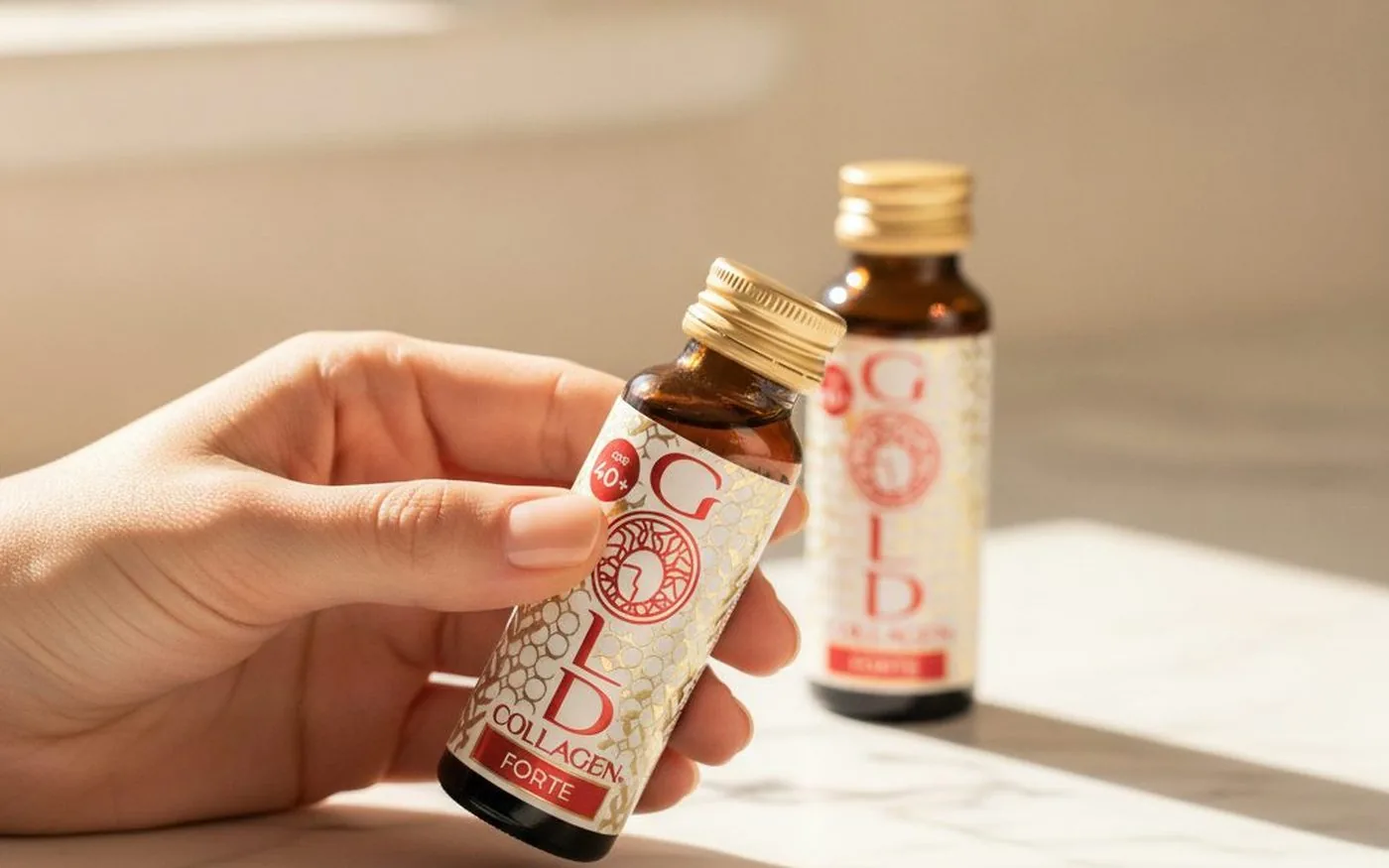 Two Gold Collagen liquid shot bottles in a lifestyle setting showing a daily supplement routine