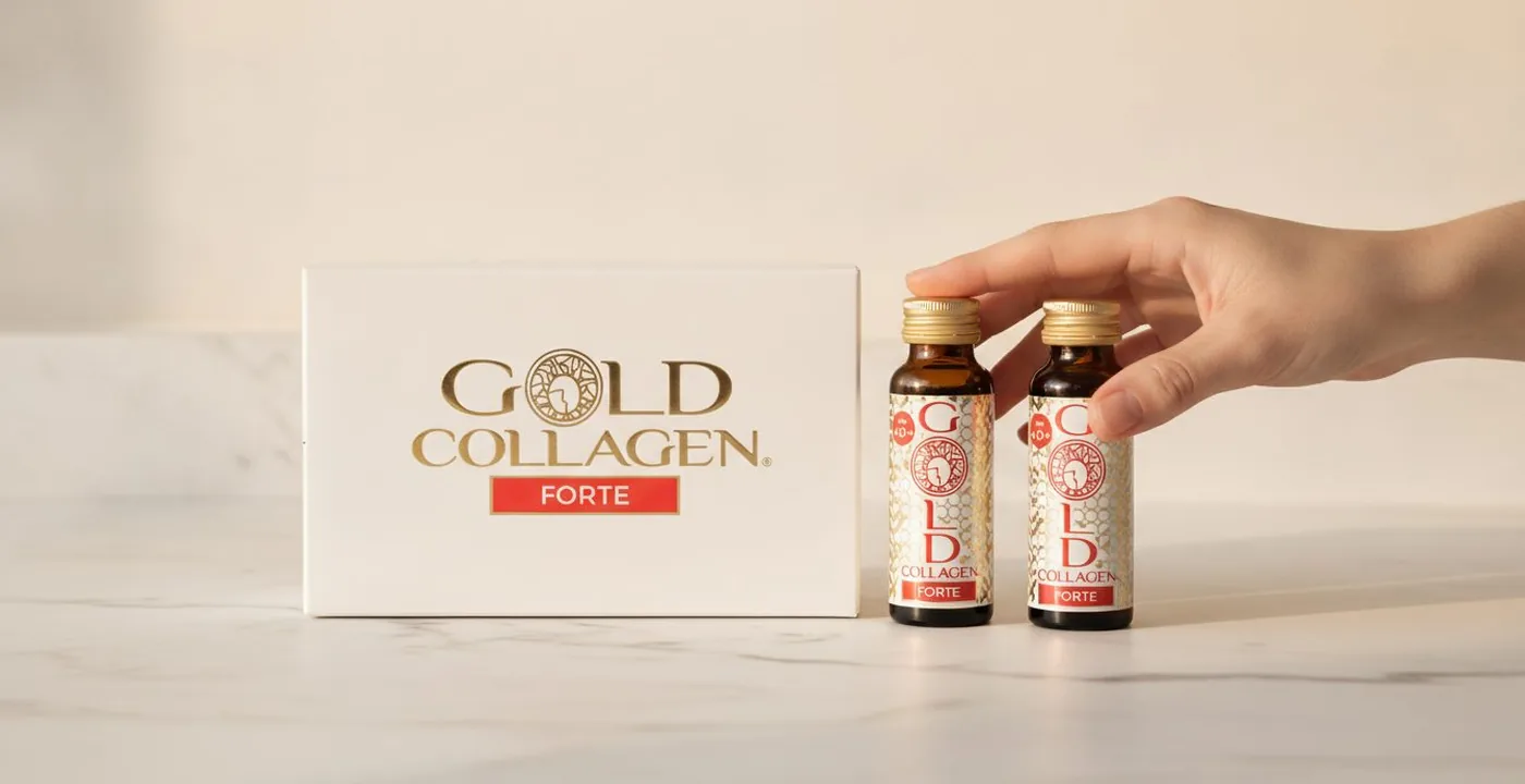 Gold Collagen Pure 50ml daily shots displayed on a white surface