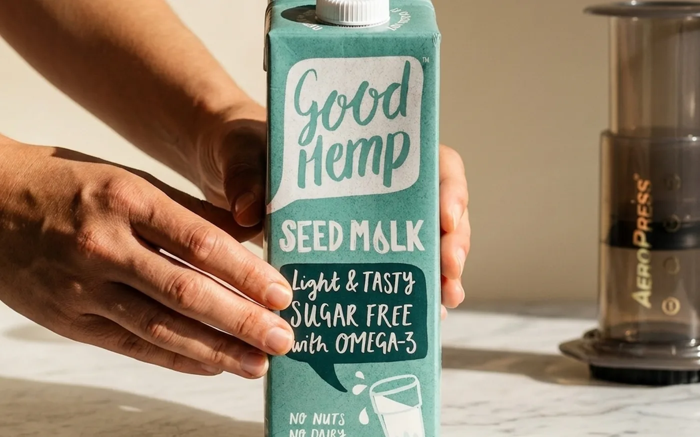 Good Hemp Creamy Seed Milk 1L carton on white marble countertop