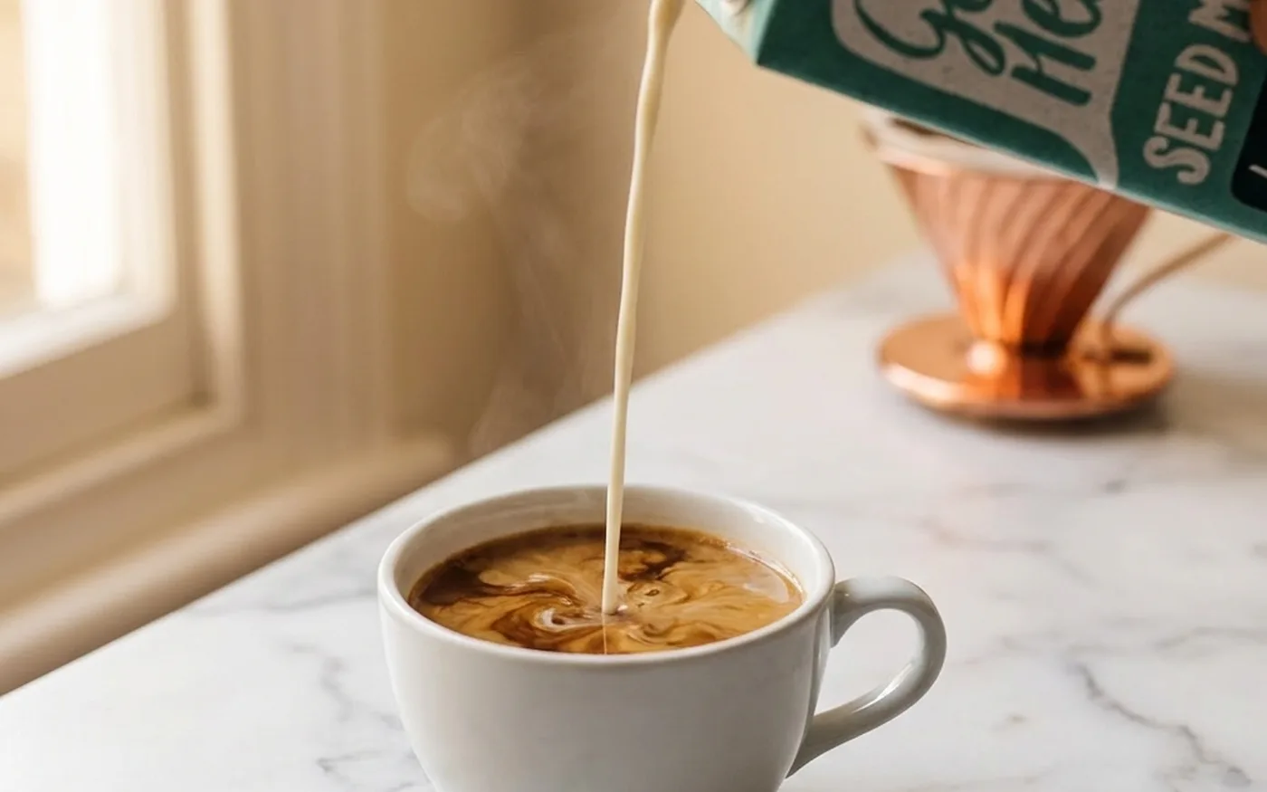 Good Hemp milk being poured into dark espresso coffee