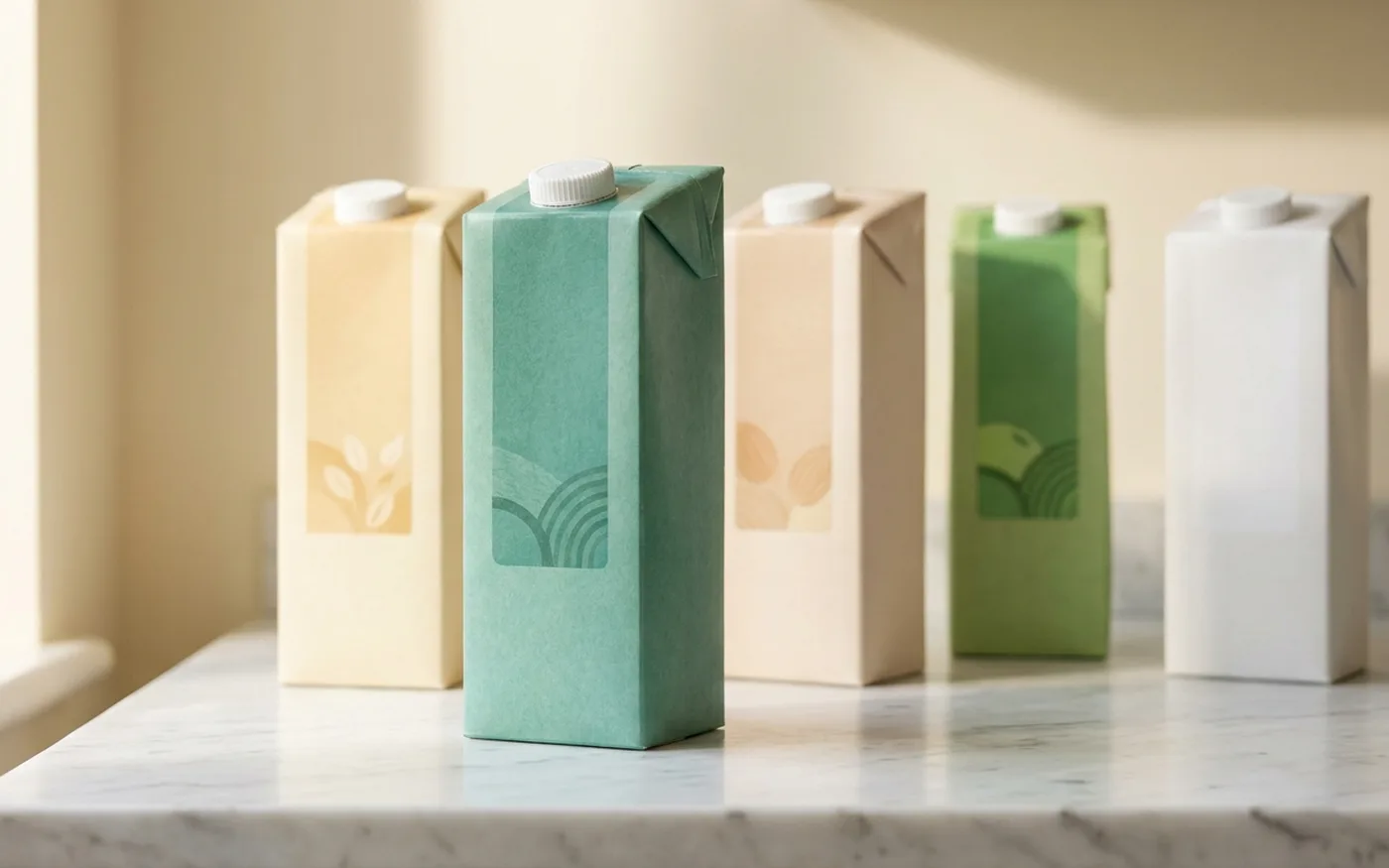 Comparison of hemp, oat, almond, soya, and dairy milk cartons
