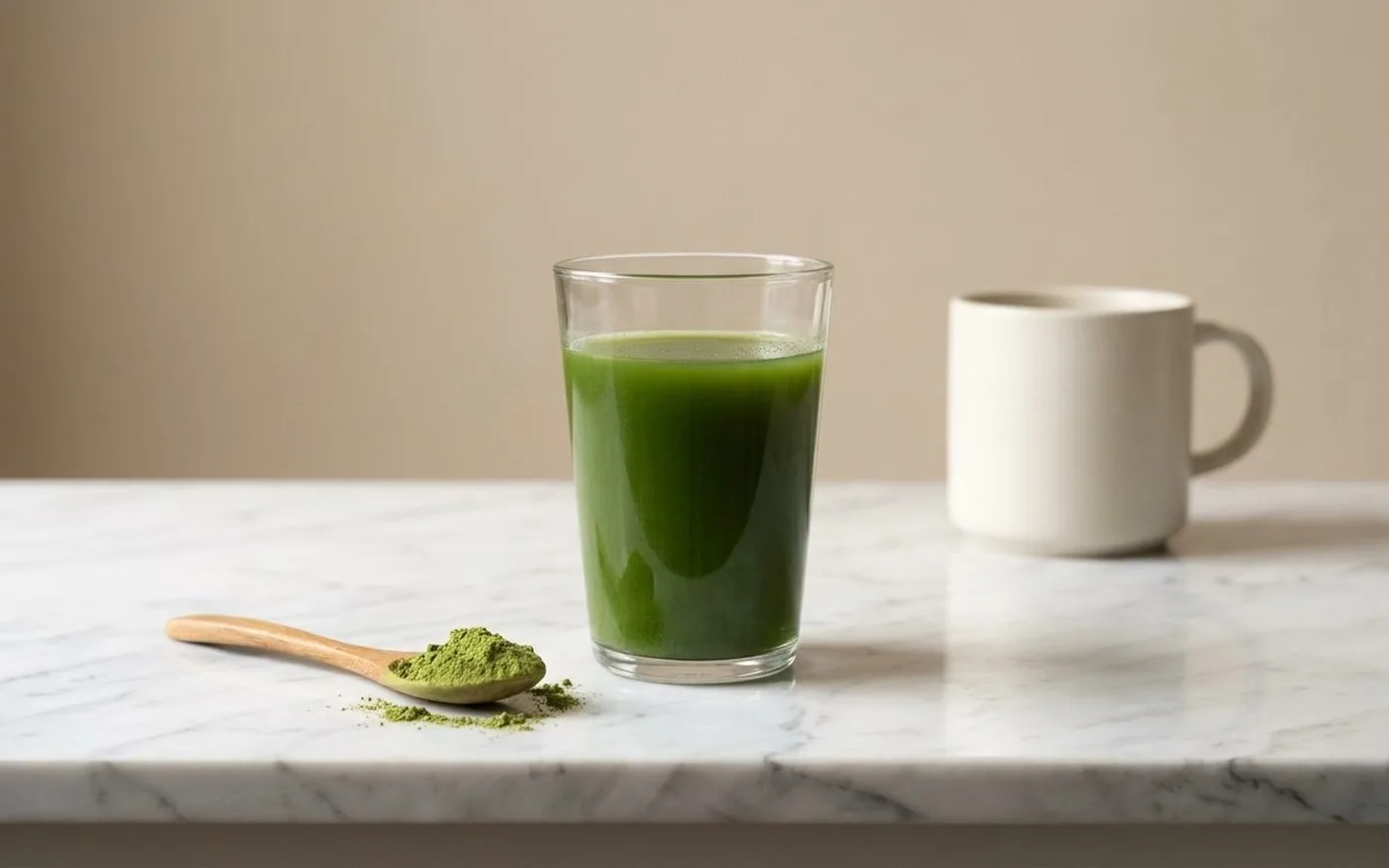 GoodSense greens powder mixed into a glass of cold water - morning preparation ritual on a white marble countertop