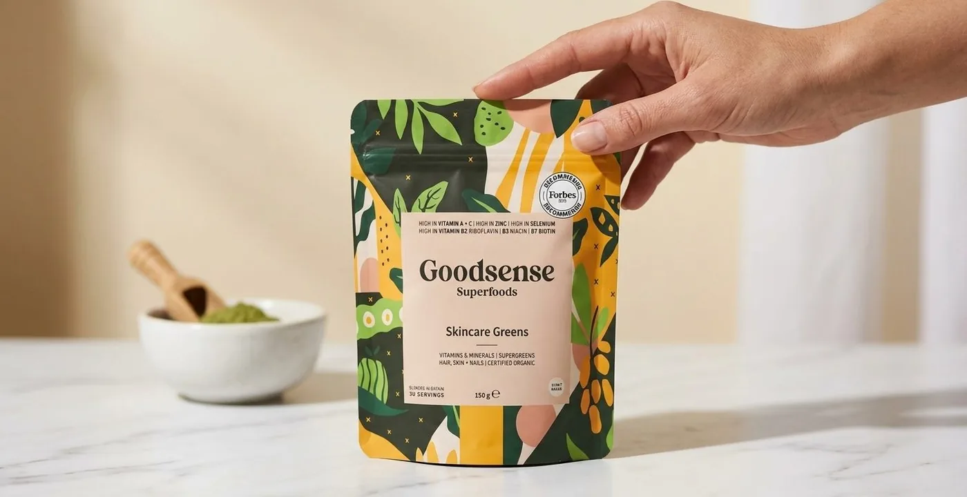 GoodSense Skincare Greens superfood powder pouch on a marble surface