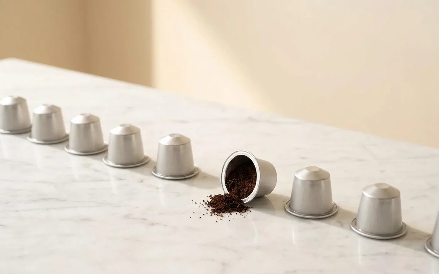 Nespresso-compatible coffee capsules arranged on white marble showing quality inspection and transparency