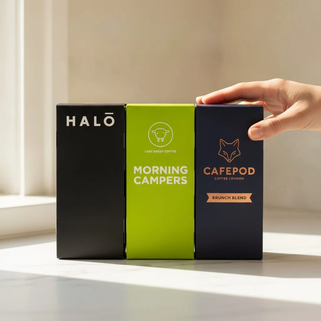 Halo Coffee compostable pods next to a Nespresso machine