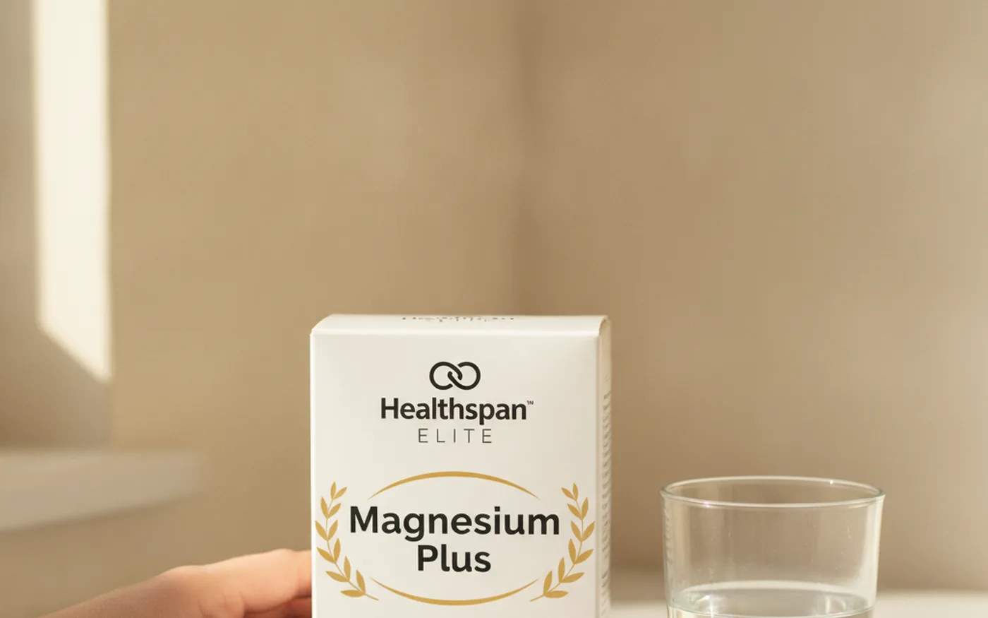 Healthspan Elite Magnesium Plus supplement box on white marble surface