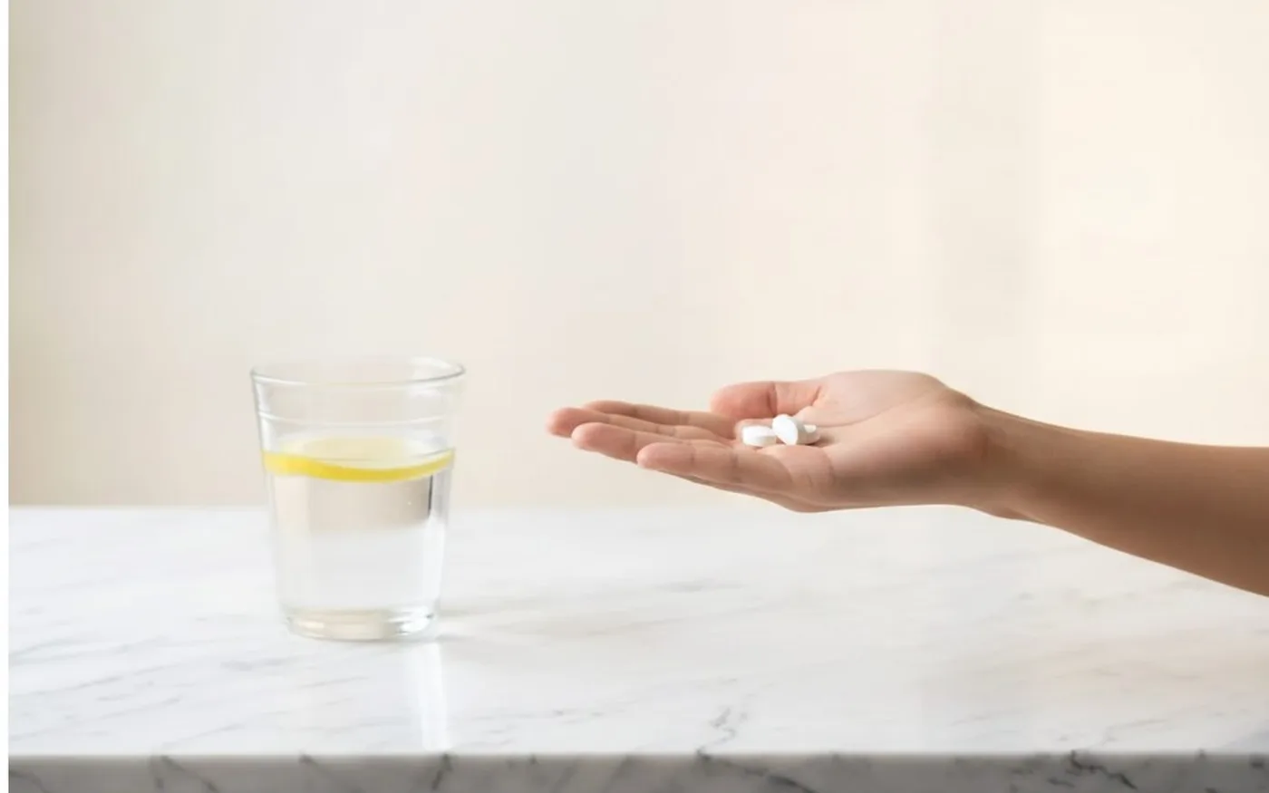 Hand holding magnesium supplement tablets beside a glass of water with lemon