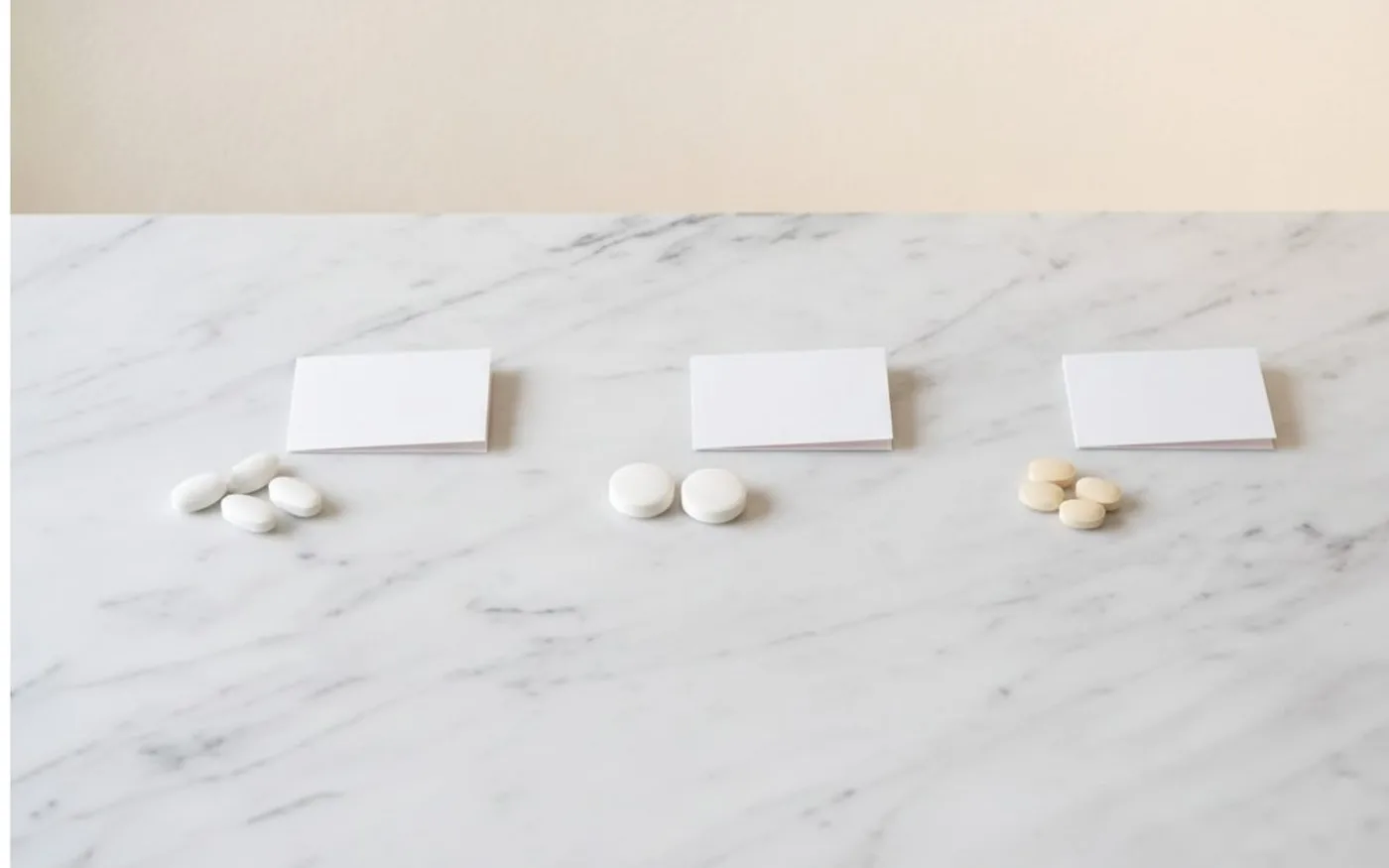 Three groups of different magnesium supplement tablet forms arranged on white marble
