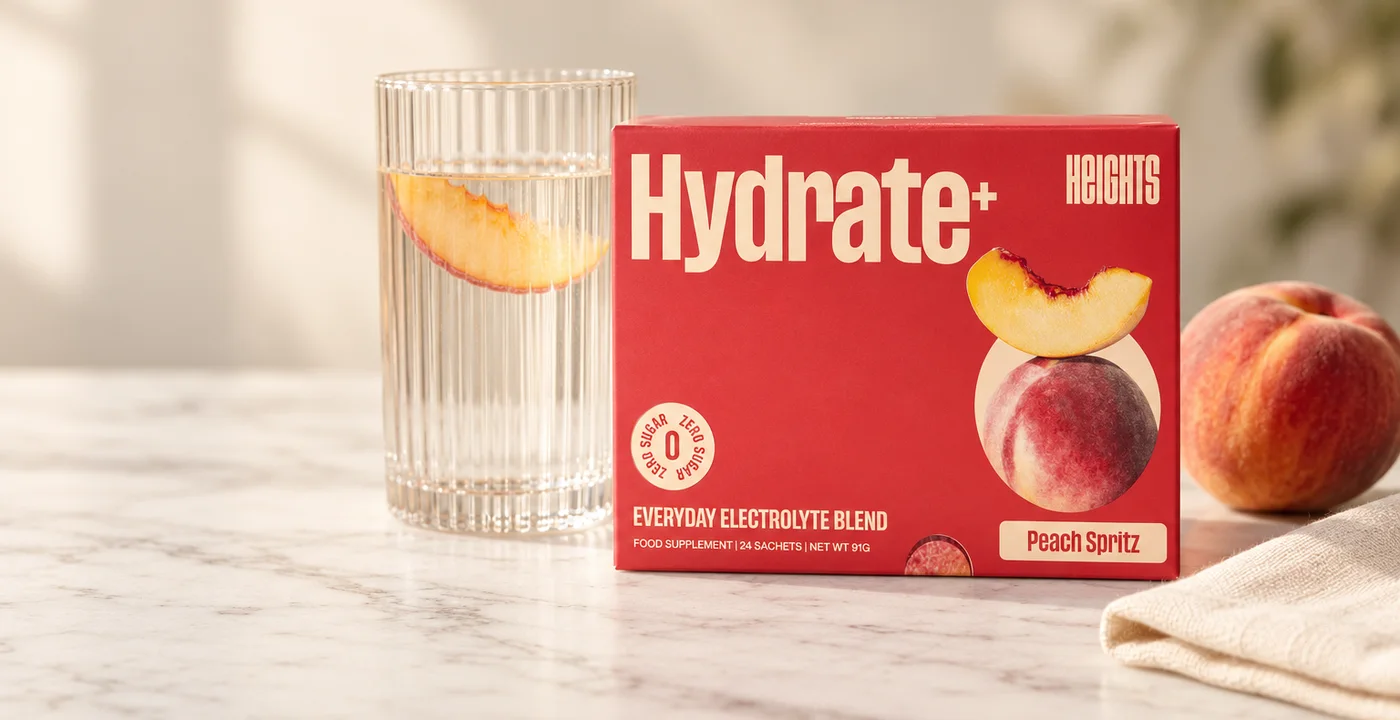 Heights Hydrate+ Peach Spritz electrolyte box on white marble beside a ribbed glass of water with a peach slice, a whole peach and cream linen