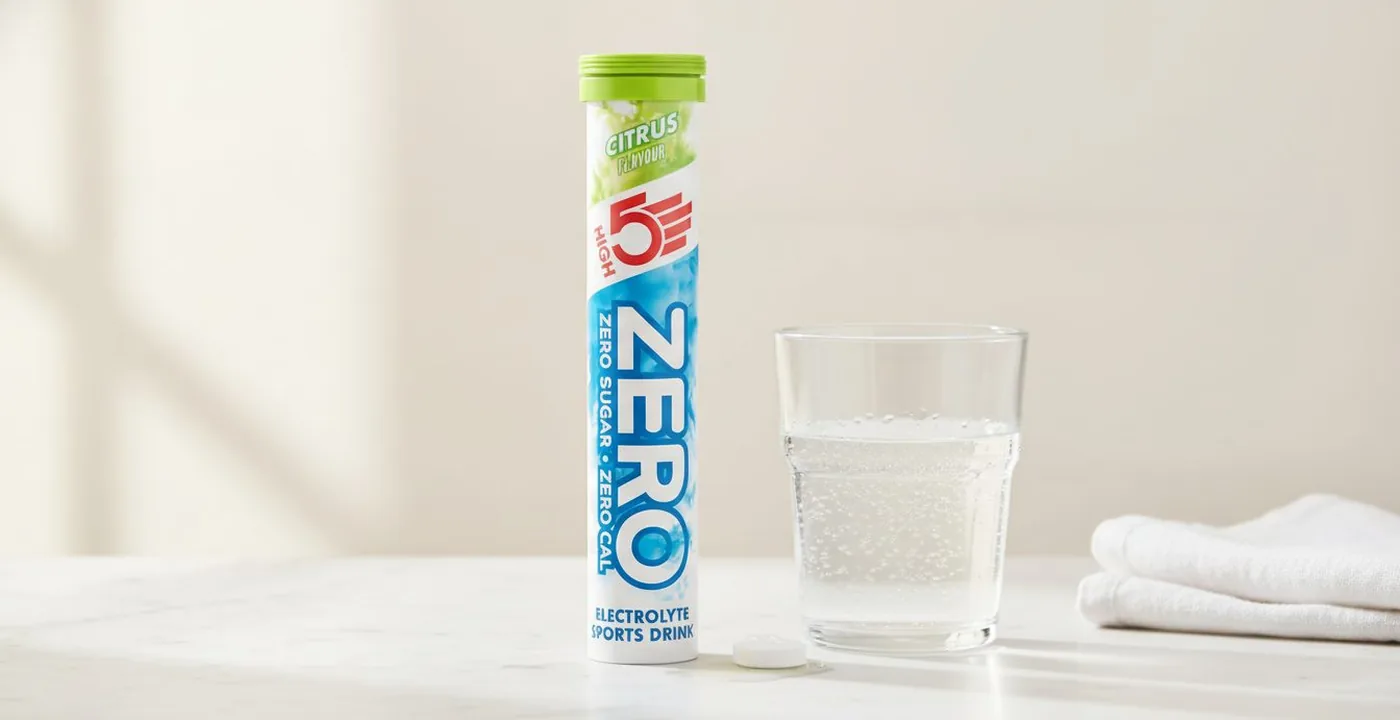 High5 Zero electrolyte tablets in a tube beside a water bottle