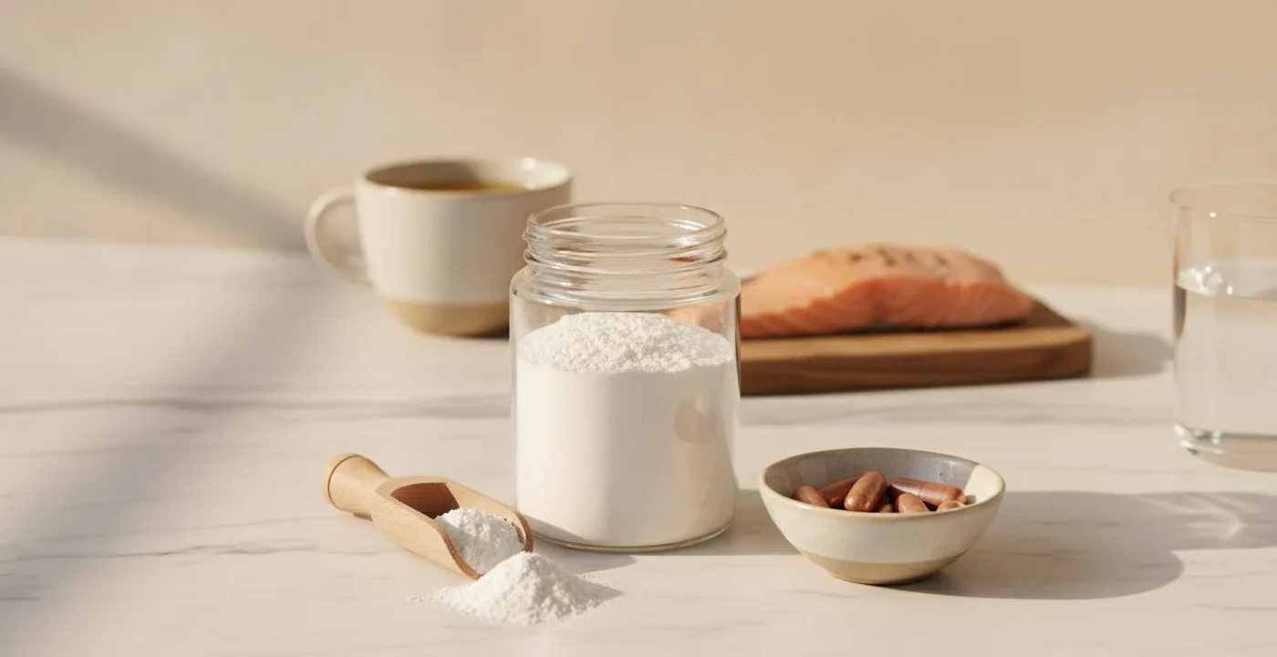 collagen peptides powder with a measuring scoop on a clean surface