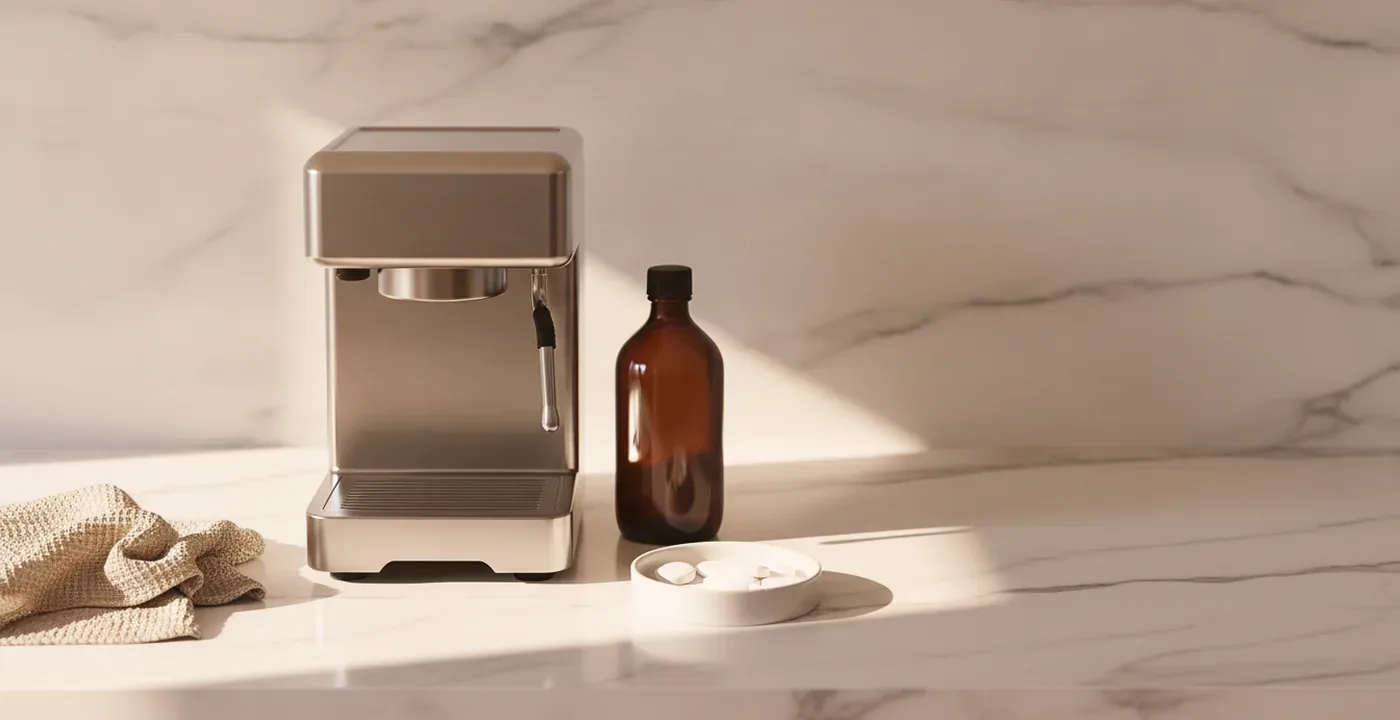A clean espresso machine group head being backflushed with a cleaning tablet and blind basket