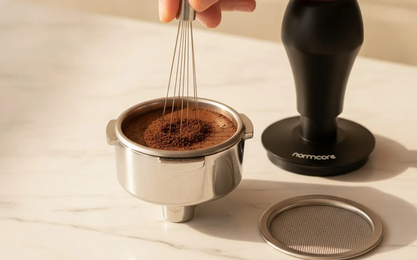 Espresso puck preparation - WDT distribution and tamping
