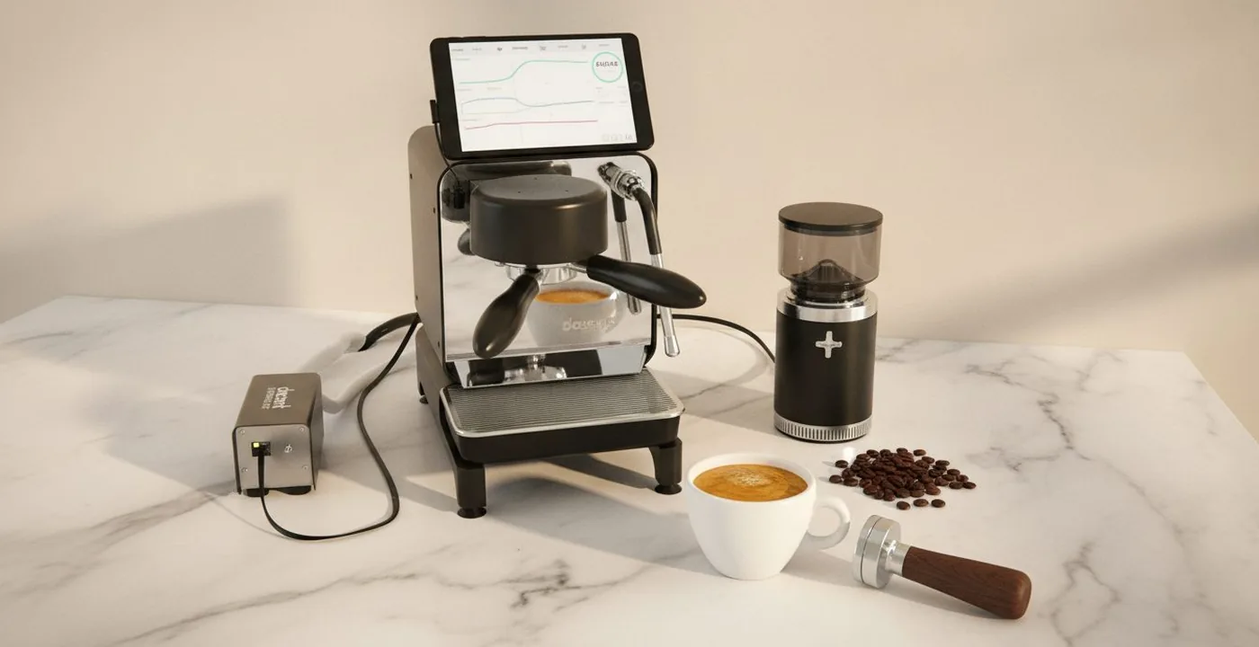 Espresso being pulled from a home espresso machine into a glass, showing a narrow amber stream