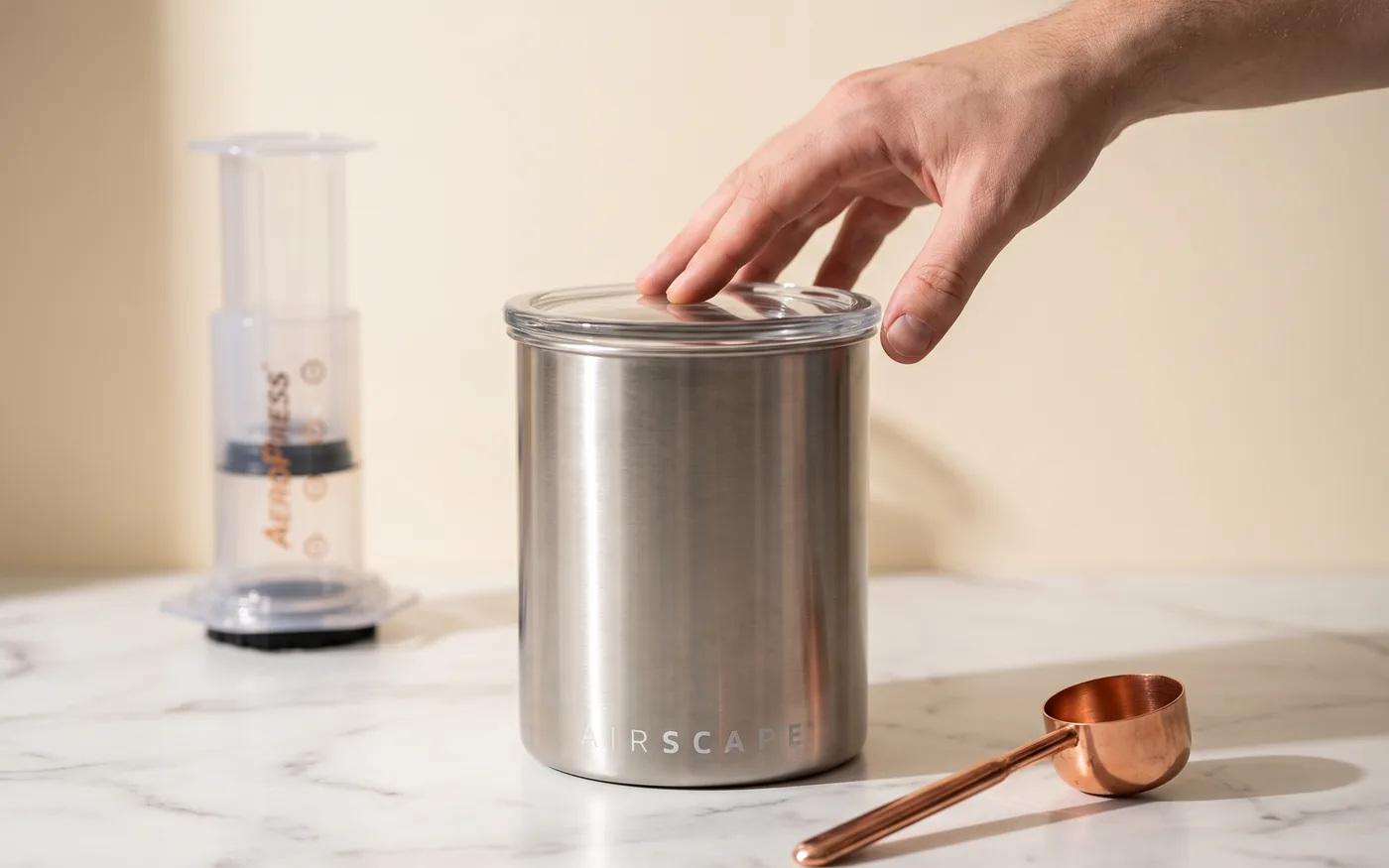 Airscape airtight coffee canister on a kitchen counter