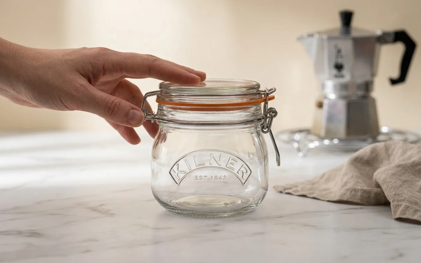 Kilner clip-top jar used for coffee bean storage