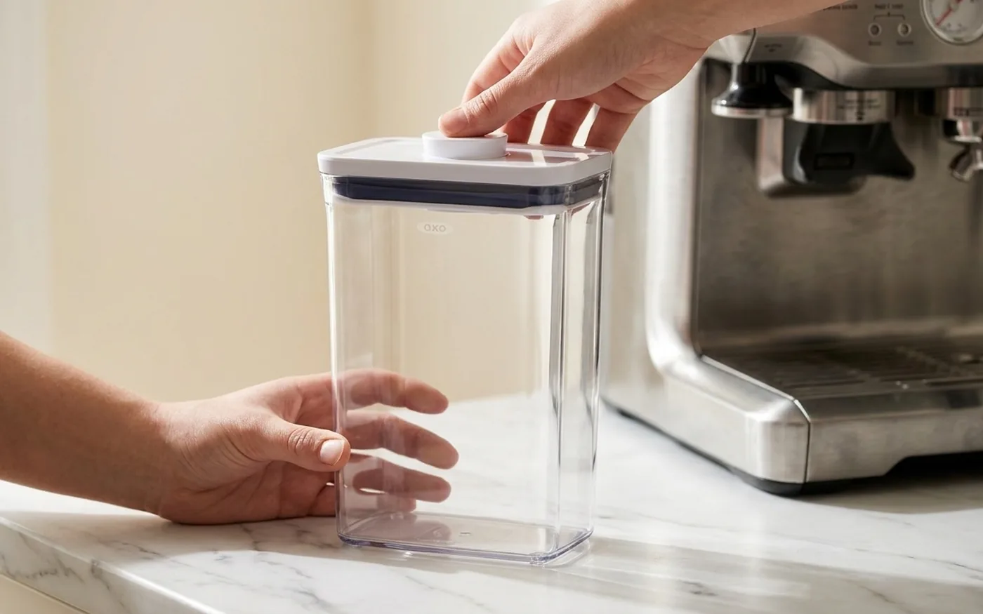 OXO POP container holding coffee beans