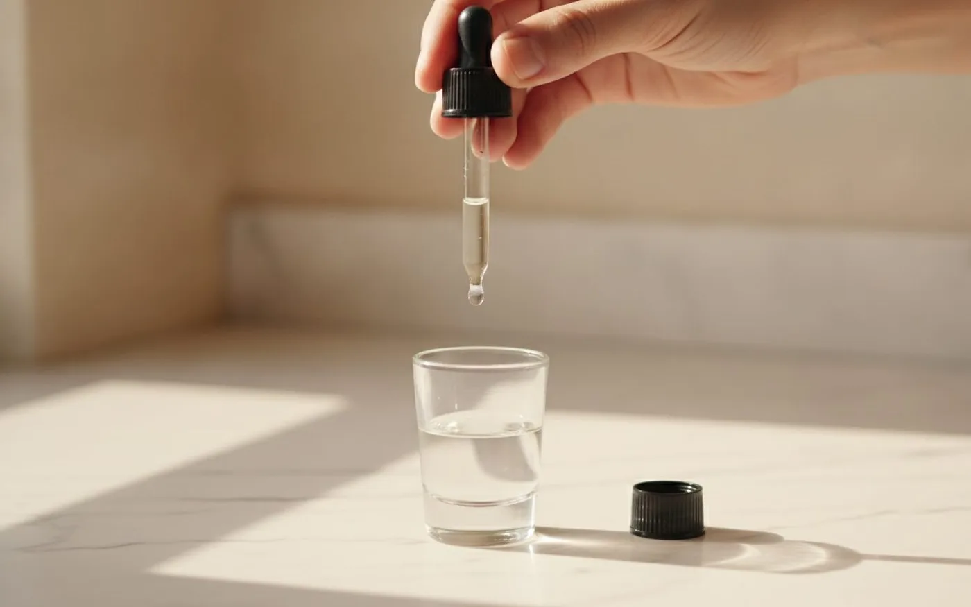 Mushroom tincture dosage - dropper measuring drops into glass