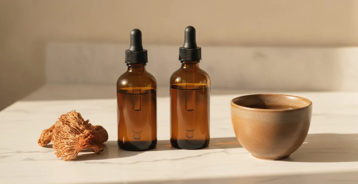 Mushroom tincture bottles with dropper - lion's mane, cordyceps and reishi on a neutral background