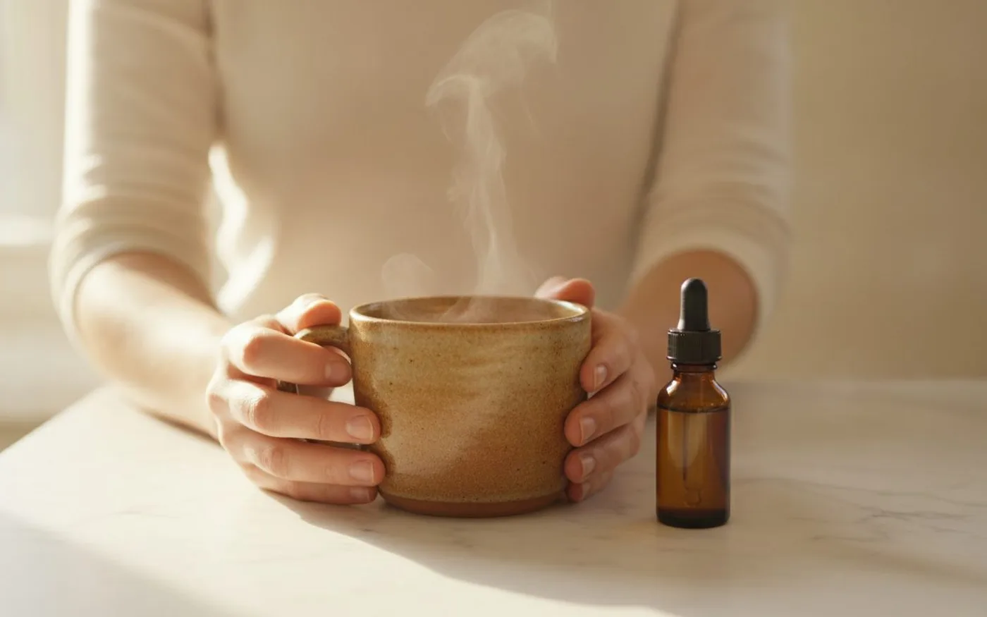 Morning wellness routine with mushroom tincture and warm drink