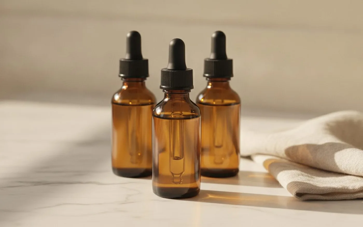 Mushroom tincture storage - three amber dropper bottles on white marble