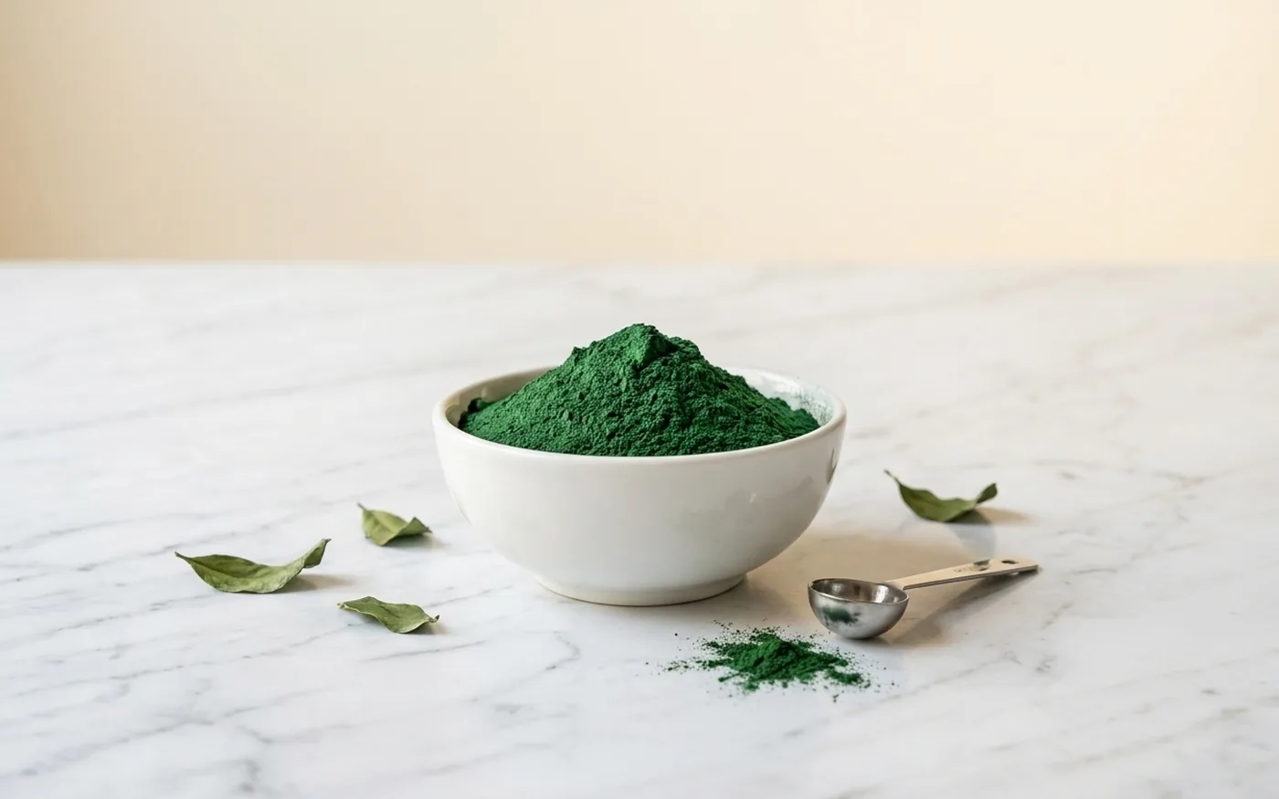 Fine emerald green powder in white ceramic bowl on marble surface with measuring spoon - greens supplement blend ingredient detail