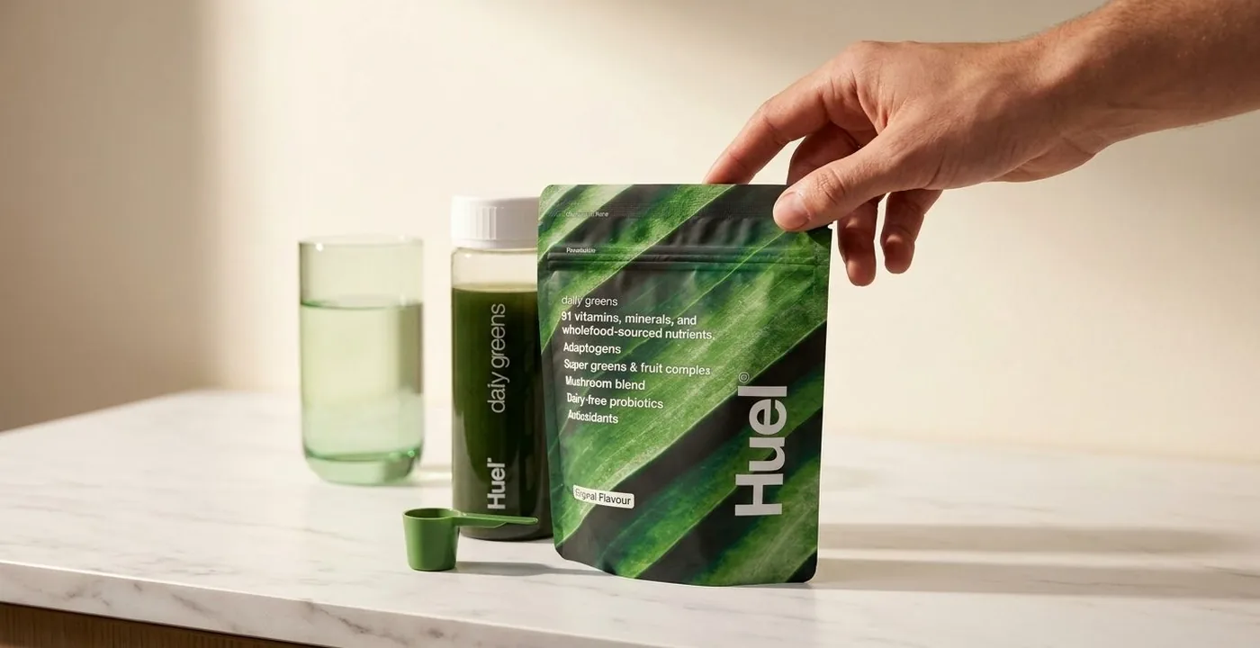 Huel Daily Greens powder pouch on a marble surface with a glass of green water